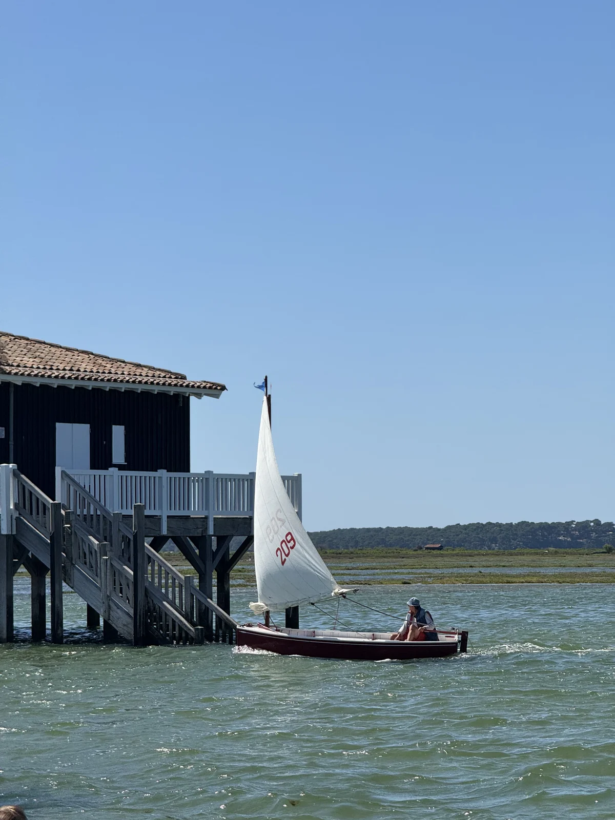 A cabin on stilts and a sailing boat on Arcachon Bay